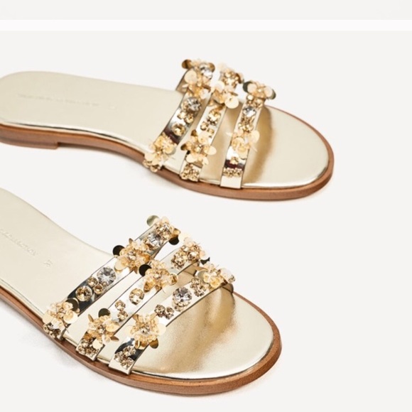 gold flat slide sandals